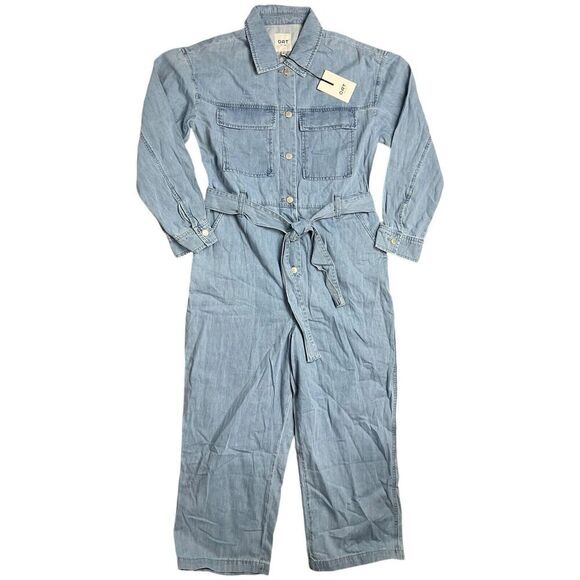 OAT New York Jumpsuit WMNS L Blue Denim Cropped Waist Tie Button Up Patch Pocket - Picture 3 of 3